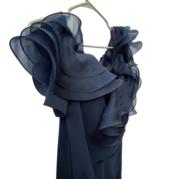 Alexander by Daymor Navy Blue Ruffled Off The Shoulder Sheath Dress 1257 Size 16 - Picture 7 of 16